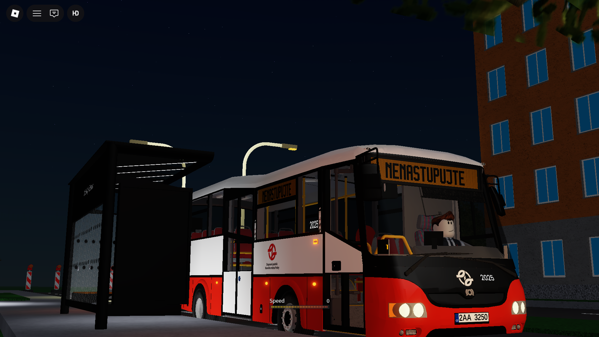 Two Prague buses at night stop - NENASTUPUJTE display